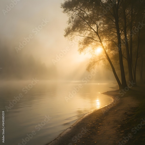 Golden sunrise with mist over peaceful riverbank