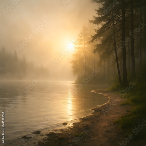 Misty sunrise over calm riverside