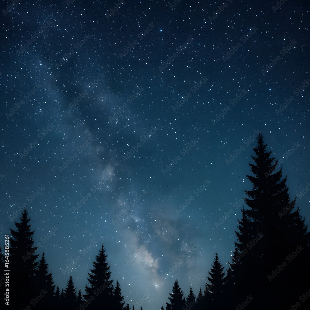 Naklejka premium Starry night sky with Milky Way over pine forest