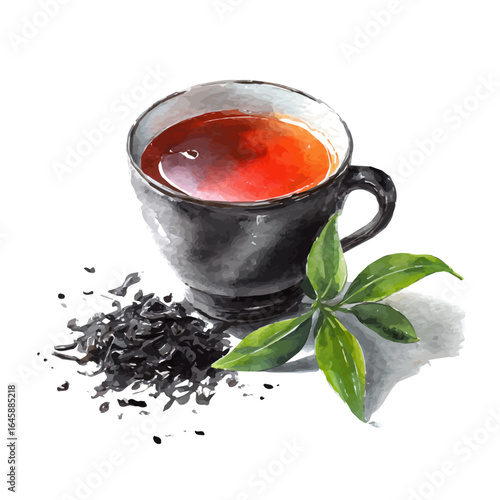 Watercolor vector illustration of Black Tea, isolated on white background.