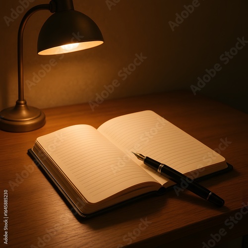 Cozy still life of an open notebook and pen on a desk illuminated by a warm table lamp.