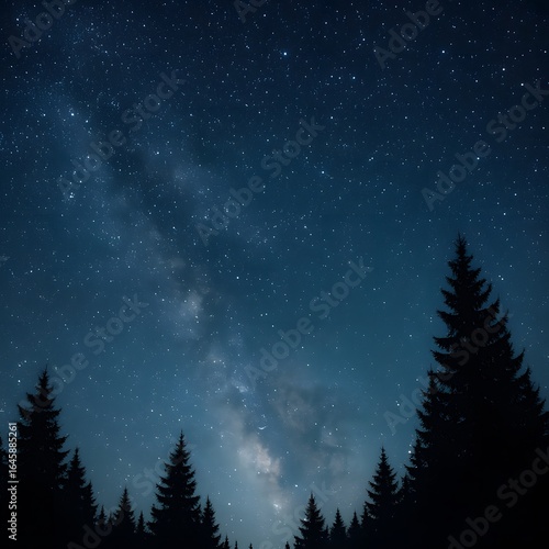 Starry night sky with Milky Way over pine forest