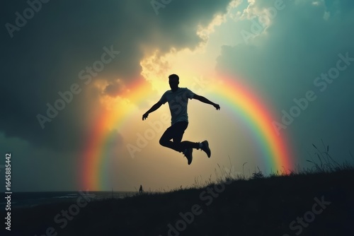 Wallpaper Mural Silhouetted figure leaping over a rainbow against a stormy backdrop. Torontodigital.ca