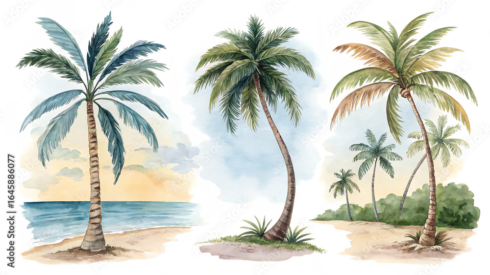 Obraz premium Watercolor palm trees set hand-drawn illustrations PNG. AI GENERATED.