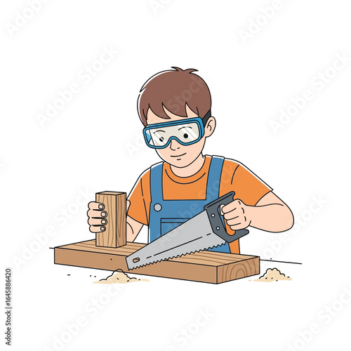 A young boy wearing safety goggles is sawing a piece of wood on a workbench, holding the material steady.