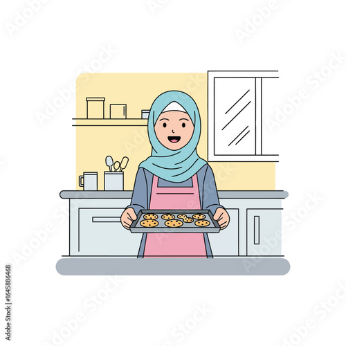 Smiling woman in a hijab holding a baking sheet of cookies in a simple kitchen illustration.