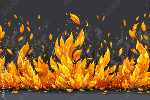 Dynamic Illustration of Flames with Falling Leaves in Orange and Yellow Tones