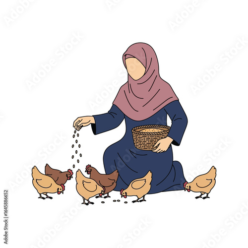 Illustration of a Muslim woman in a hijab and abaya feeding chickens, representing a simple farm life and homesteading