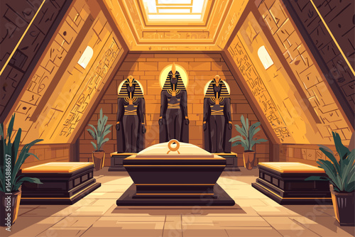 Ancient Egyptian Tomb Interior with Statues and Artifacts