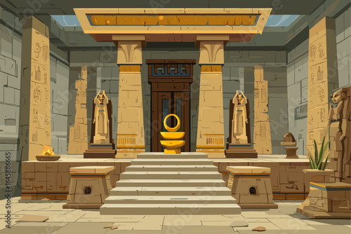 Ancient Egyptian Temple Interior with Statues and Golden Altar