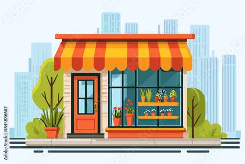Charming Flower Shop with Colorful Awning and Vibrant Plants in Urban Setting