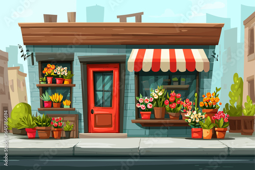 Charming Flower Shop Front with Colorful Bouquets in a City Scene