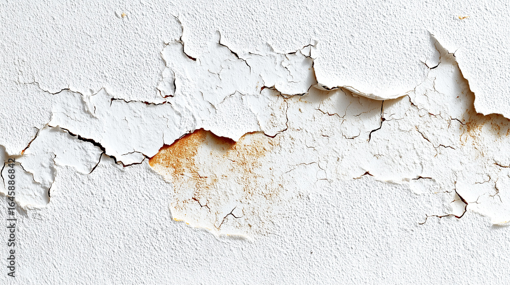 Fototapeta premium Cracked and Peeling White Paint on a Textured Wall Surface Revealing Corrosion and Wear, Creates Abstract Pattern