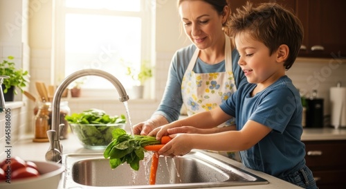 A woman and a child washing vegetables in a kitchen sink.