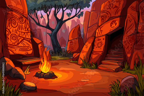 Mystical Campfire Scene with Ancient Rock Art in a Serene Forest Setting