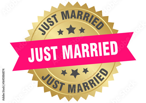 just married. just married round pink and gold label isolated on transparent background