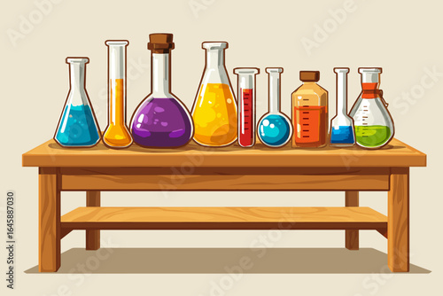 Colorful Laboratory Glassware on a Wooden Table for Science and Education