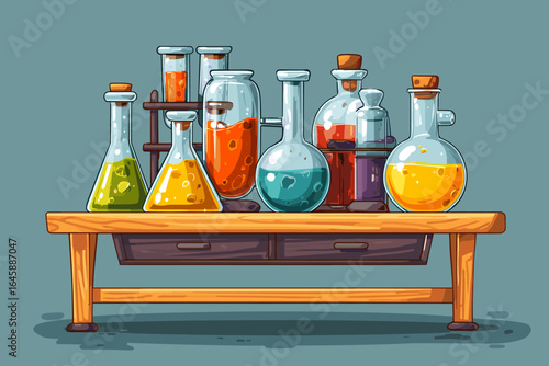 Colorful Laboratory Glassware on a Wooden Table for Science Themes
