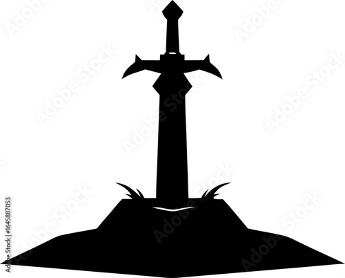 Fantasy Sword in a Stone Silhouette Vector Black and White