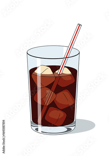 Refreshing cold cola drink with ice cubes and a red and white striped straw