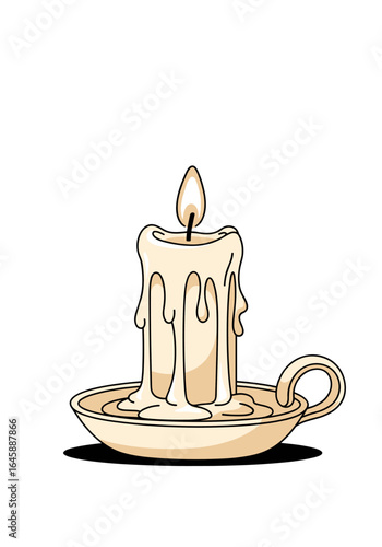 A single lit candle burning in a holder dripping wax