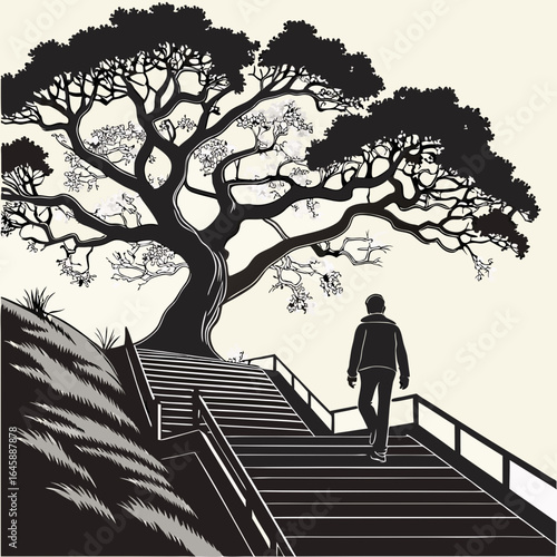 Abstraction of human growth as a personality. double exposure of a tree, stairs up and a person