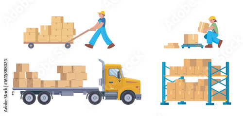 Warehouse logistics and transportation process set. Workers loading cargo boxes onto a delivery truck and storage shelves. Vector concept.