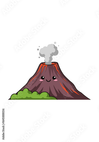 Cute kawaii volcano erupting smoke with happy smiling face and green bush below