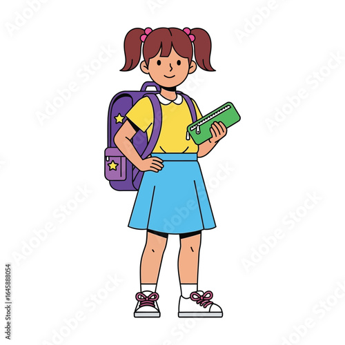 A young girl with pigtails, wearing a school uniform and backpack, holds a pencil case.