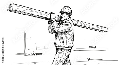 Construction worker carrying beam on shoulder in sketch style
