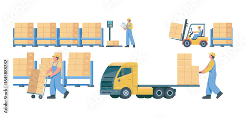 A set of industrial warehouse scenes with workers engaged in logistics, shipping, and distribution processes using a truck and forklift.