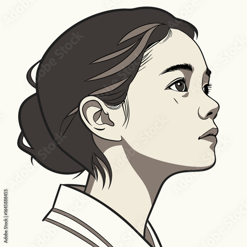 Portrait of a girl, asian appearance, head fully in frame, detailed skin, no makeup, hair removed, natural shine, natural appearance