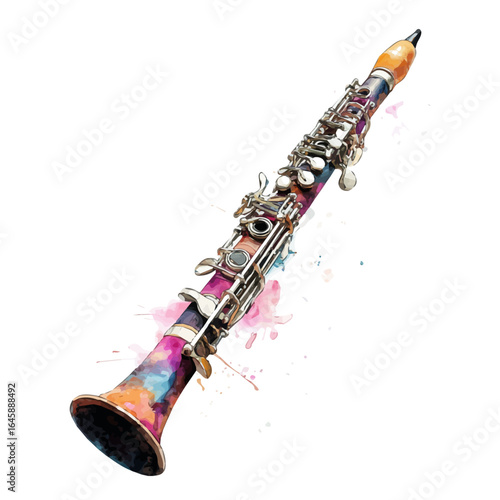 Watercolor vector illustration of Clarinet, isolated on white background.