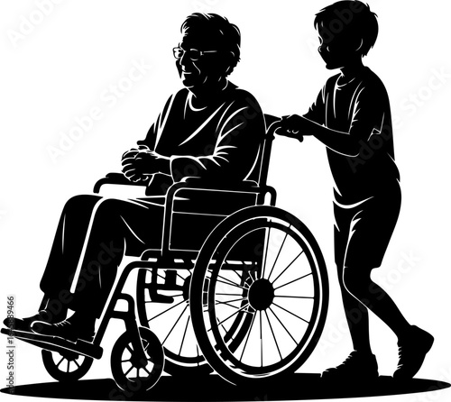 A compassionate silhouette of a grandparent seated in a wheelchair being gently pushed by a grandchild from behind