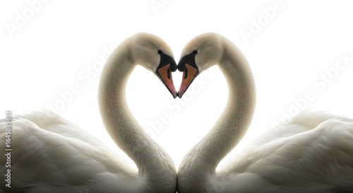 Two white swans forming a heart shape