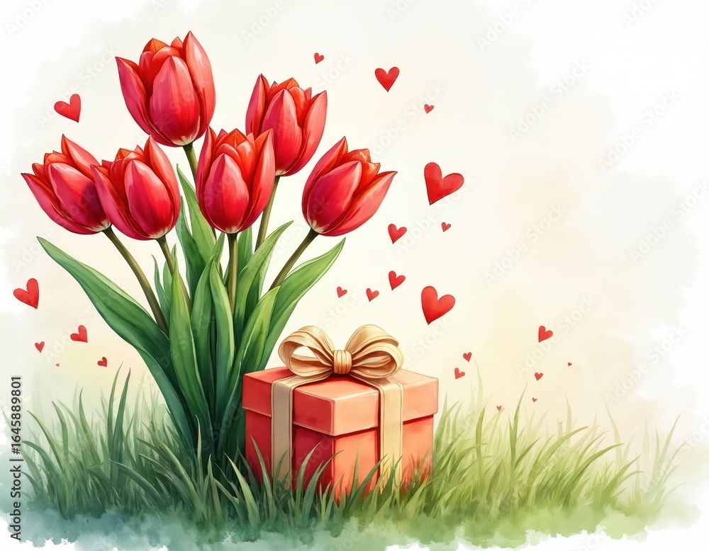 Fototapeta premium Watercolor illustration features a vibrant bouquet of red tulips next to a gift box with a gold bow. Red hearts float around the floral arrangement, creating a romantic, cheerful spring atmosphere.