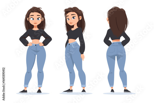 Stylized Female Character Model in Casual Outfit with Front, Side, and Back Views