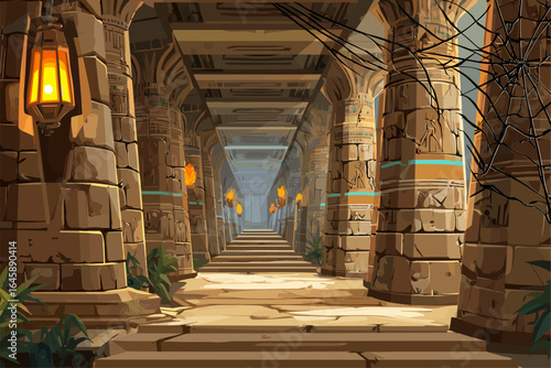 Ancient Temple Corridor with Lanterns and Intricate Stonework