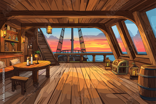Cozy Pirate Ship Interior at Sunset: A Vibrant Illustration of Nautical Life