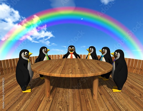 A group of quirky penguins wearing business suits having a meeting, bright cartoon st