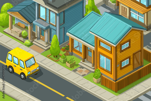 Colorful Cartoon Style Residential Neighborhood with Cars and Houses