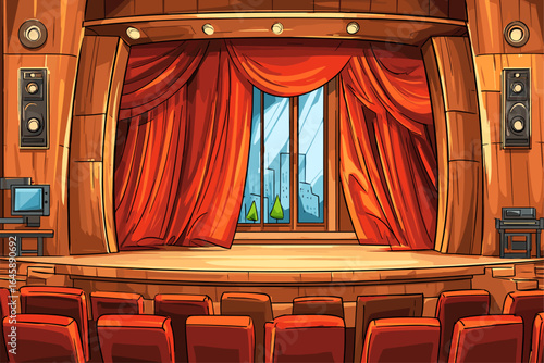 A Colorful Theater Stage with Red Curtains and Open Window View
