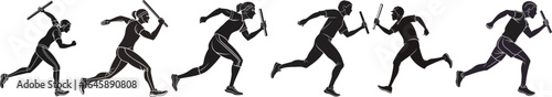 Silhouettes of runners in a relay race passing a baton