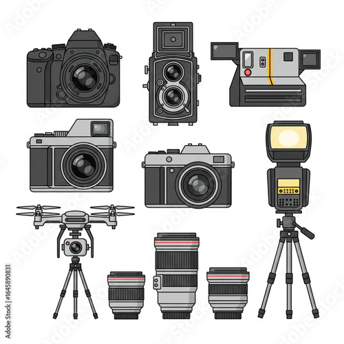 Creative Photography Gear Icons with Drone, Lenses, and Tripod