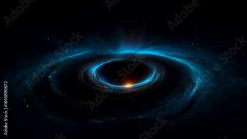 A stunning black hole at the center of a distant galaxy. A bright blue swirl of glowing gas and dust surrounds the event horizon.