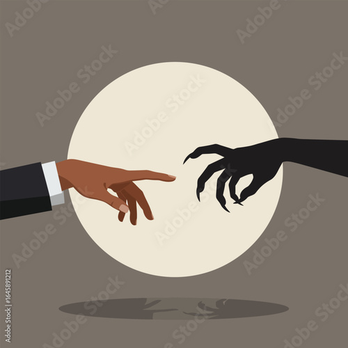 A symbolic representation of temptation and the struggle between good and evil, featuring a human hand reaching out to a demonic claw