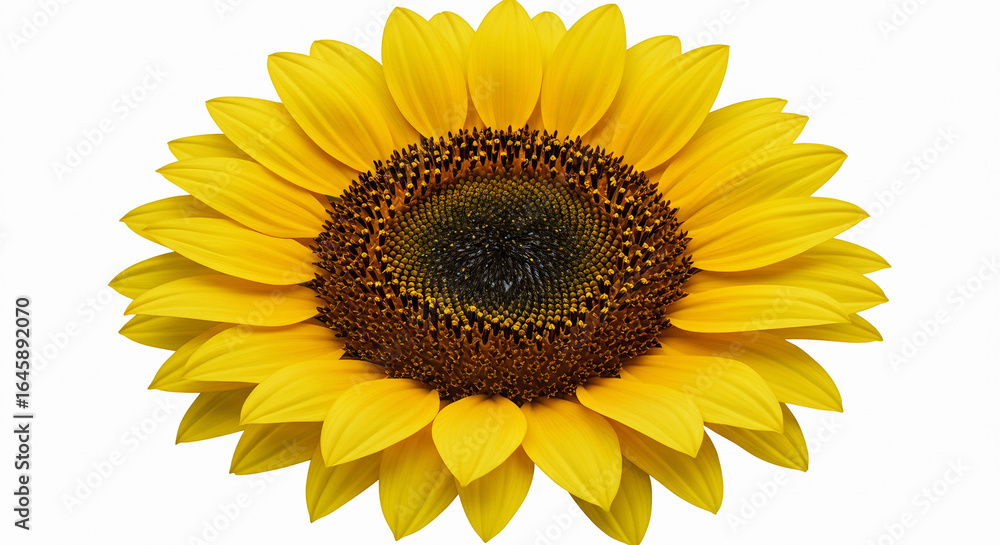 Fototapeta premium Realistic close-up of a sunflower with bright yellow petals and a detailed textured center, isolated on a white background for commercial use.
