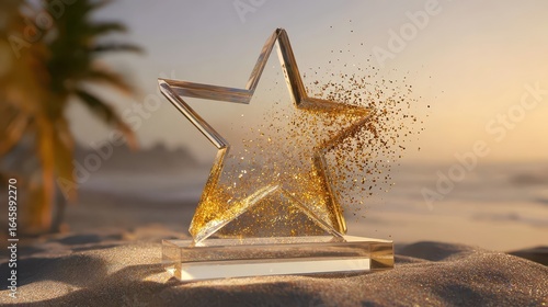 Golden Star Trophy on Beach with Sparkling Glitter and Sunset