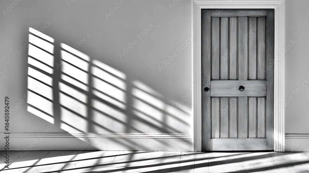 Obraz premium A gray wooden door with shadow across the white wall