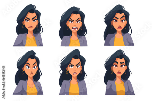 Set of Six Cartoon Emotions of a Woman with Dark Hair